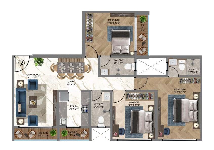 Floor plan of 3 BHK 927 Sq. Ft. Apartment in HS Heritage, Mumbai