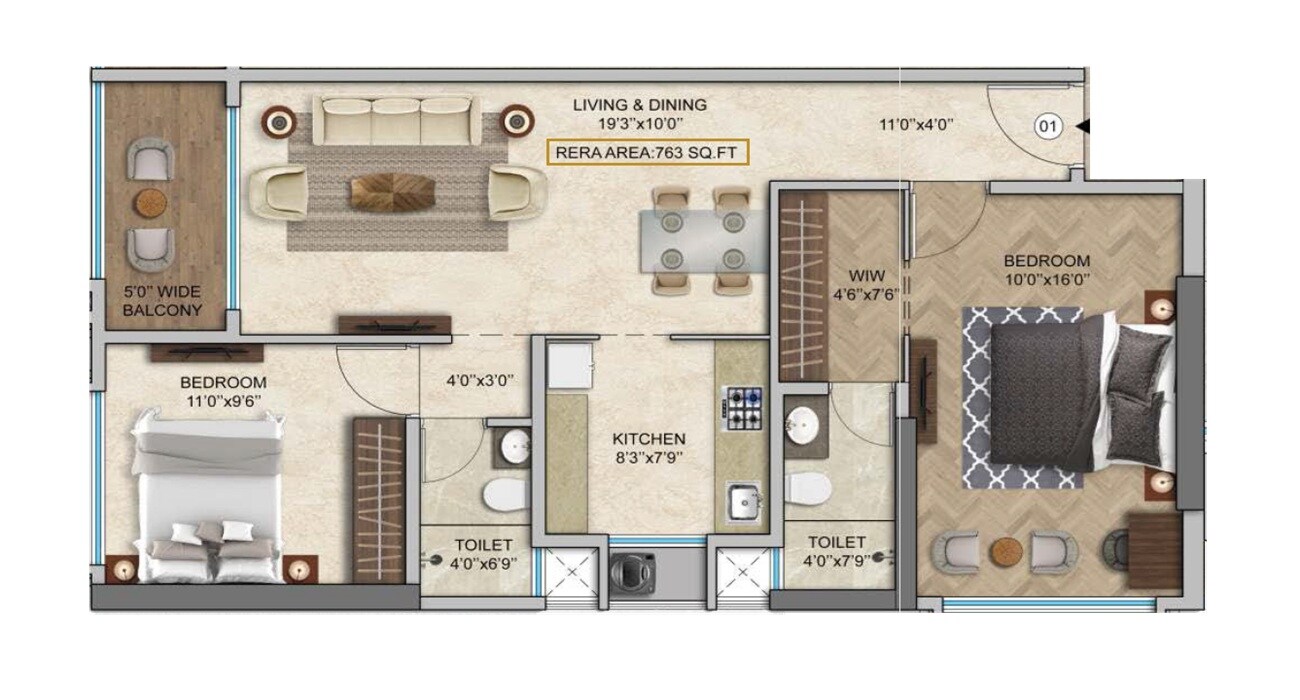Floor plan of 2 BHK Apartment - 763 sq. ft. in HS Landmark, Mumbai