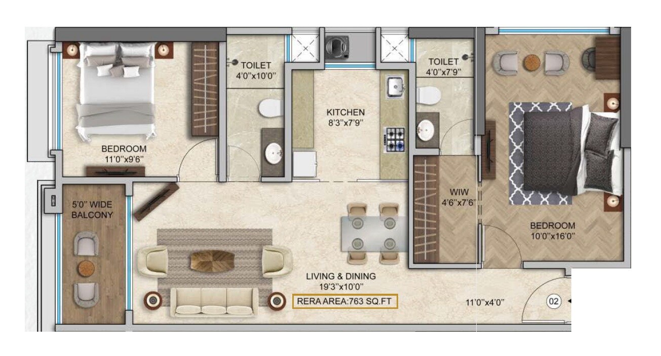 Floor plan of 2 BHK 763 Sq. Ft. Apartment in HS Landmark, Mumbai