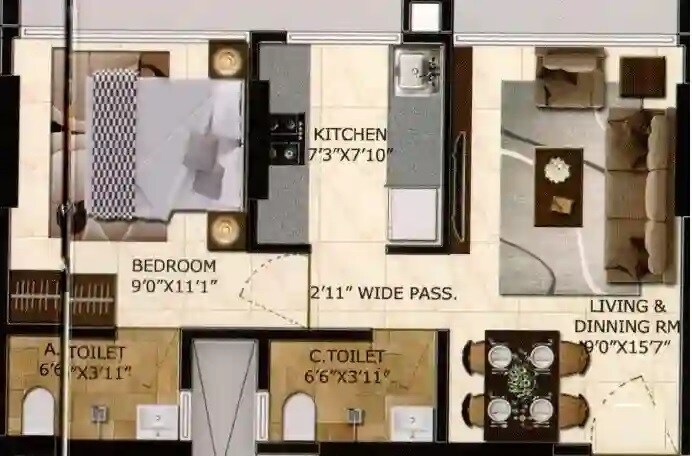 Floor plan of 1 BHK 389 Sq. Ft. Apartment in HS Ozone, Mumbai
