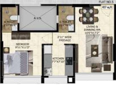 Floor plan of 1 BHK 437 Sq. Ft. Apartment in HS Ozone, Mumbai
