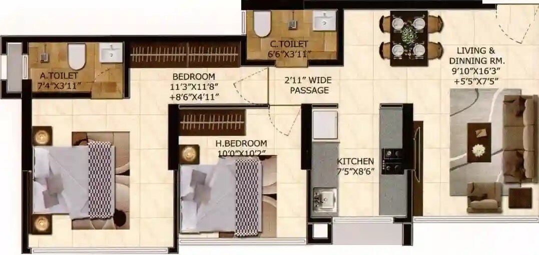 Floor plan of 2 BHK 646 Sq. Ft. Apartment in HS Ozone, Mumbai