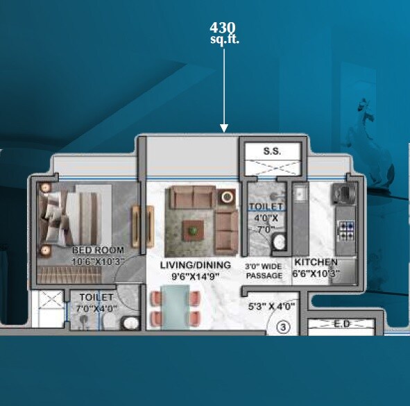 Floor plan of 1 BHK 430 Sq. Ft. Apartment in HS Pearl, Mumbai