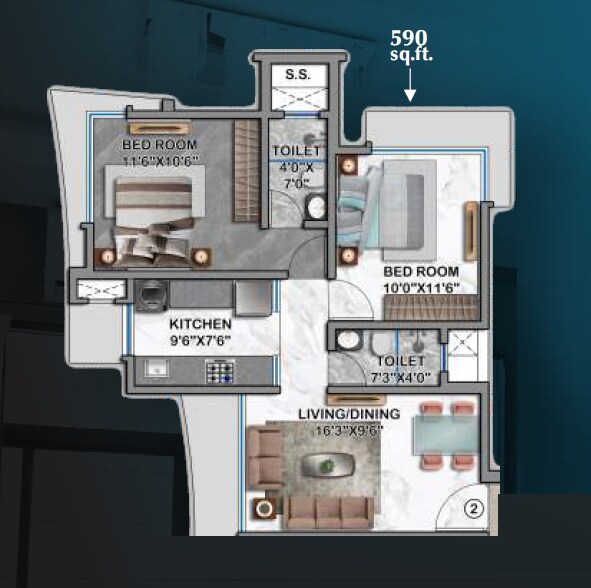 Floor plan of 2 BHK 590 Sq. Ft. Apartment in HS Pearl, Mumbai