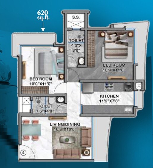 Floor plan of 2 BHK 620 Sq. Ft. Apartment in HS Pearl, Mumbai