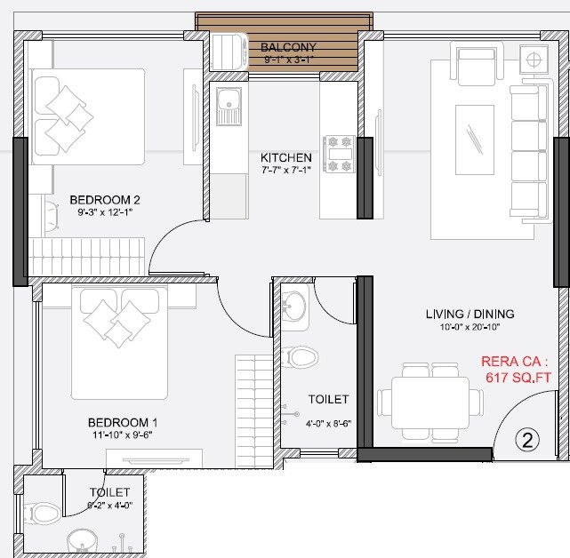 2 BHK 617 Sq. Ft. Apartment