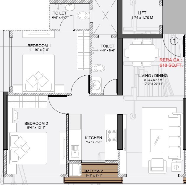 Floor plan of 2 BHK 618 Sq. Ft. Apartment in HS Samarpan, Mumbai