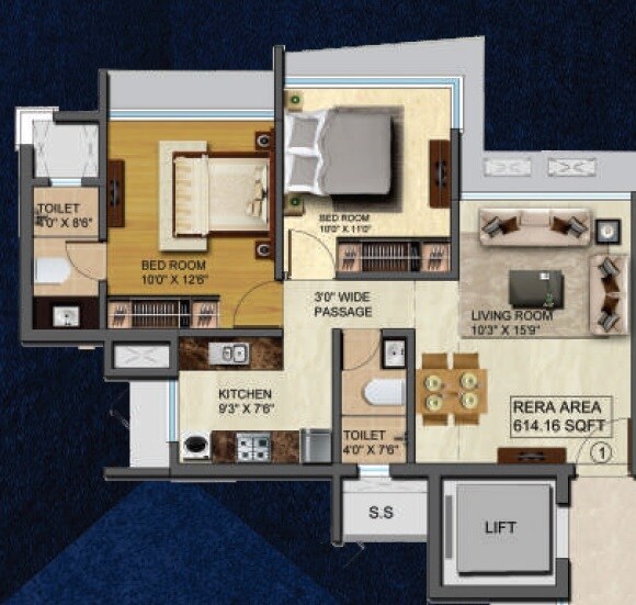 Floor plan of 2 BHK 615 Sq. Ft. Apartment in HS Spring, Mumbai