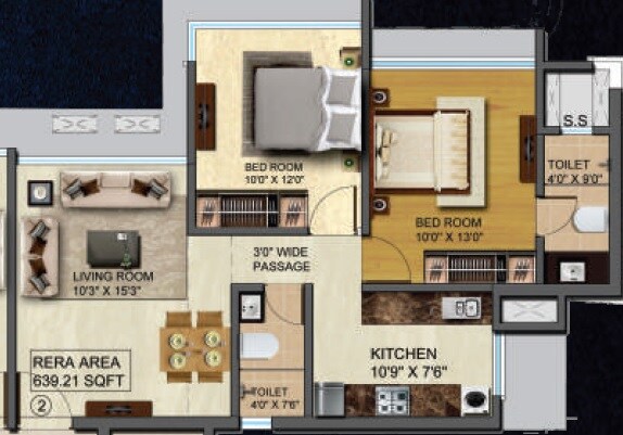 Floor plan of 2 BHK 639 Sq. Ft. Apartment in HS Spring, Mumbai