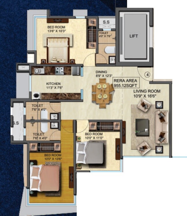 Floor plan of 3 BHK 955 Sq. Ft. Apartment in HS Spring, Mumbai
