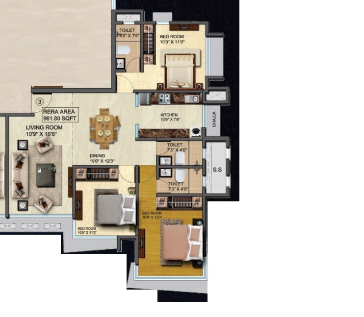 Floor plan of 3 BHK 961 Sq. Ft. Apartment in HS Spring, Mumbai