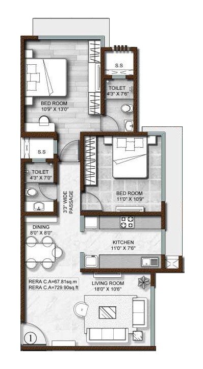 Floor plan of 2 BHK 730 Sq. Ft. Apartment in HS The Autograph, Mumbai