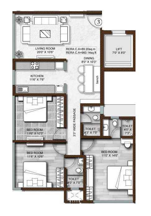 Floor plan of 3 BHK 960 Sq. Ft. Apartment in HS The Autograph, Mumbai