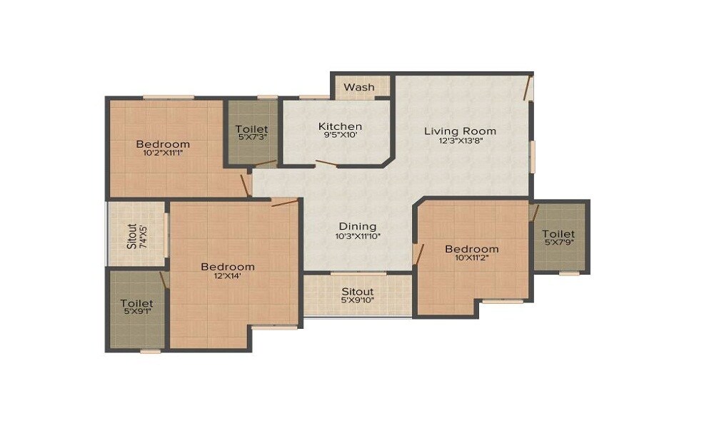 Floor plan of 3 BHK 1570 Sq. Ft. Apartment in Hubtown Ackruti Regent, Mumbai