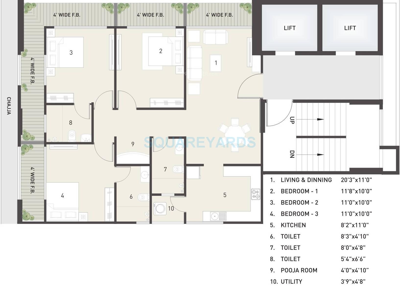 Floor plan of 3 BHK 1700 Sq. Ft. Apartment in Hubtown Athena, Mumbai