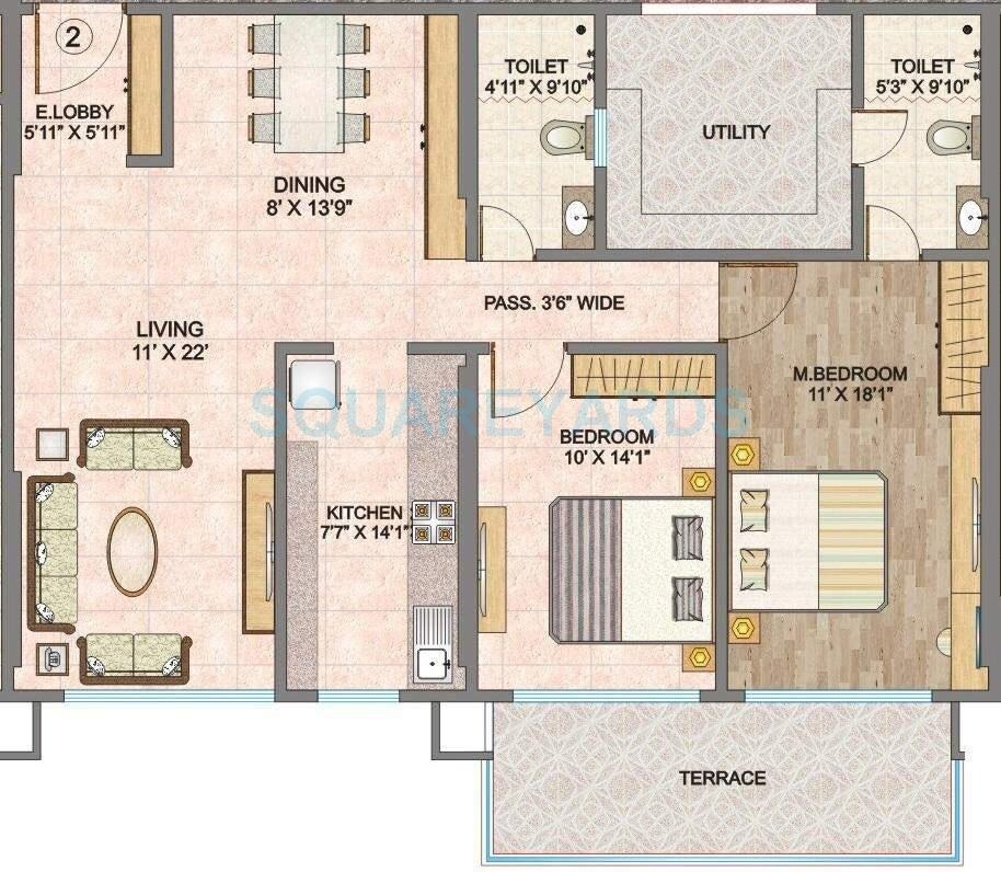 Floor plan of 2 BHK 1471 Sq. Ft. Apartment in Hubtown Garnet, Mumbai