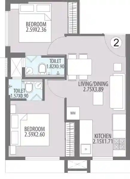 Floor plan of 2 BHK 374 Sq. Ft. Apartment in Hubtown Harmony, Mumbai