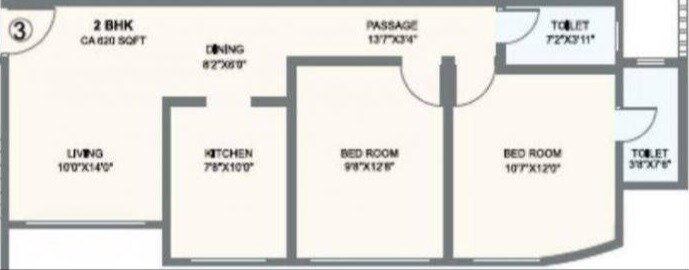 Floor plan of 2 BHK 620 Sq. Ft. Apartment in Hubtown Heaven, Mumbai