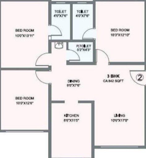 Floor plan of 3 BHK 842 Sq. Ft. Apartment in Hubtown Heaven, Mumbai