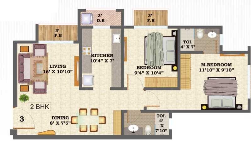 Floor plan of 2 BHK 1090 Sq. Ft. Apartment in Hubtown Hill Crest, Mumbai