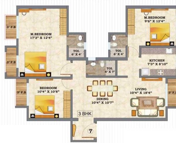 Floor plan of 3 BHK 1485 Sq. Ft. Apartment in Hubtown Hill Crest, Mumbai