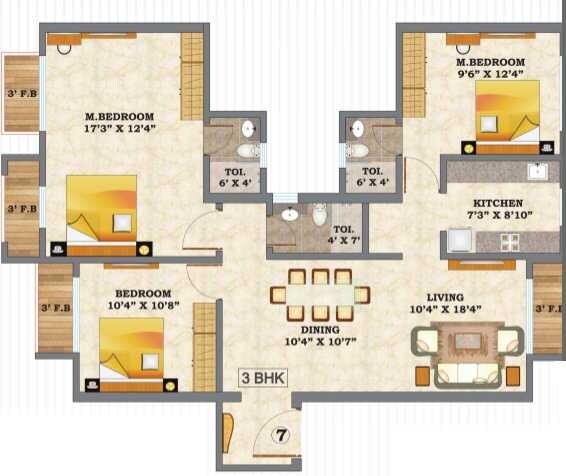 Floor plan of 3 BHK 1775 Sq. Ft. Apartment in Hubtown Hill Crest, Mumbai