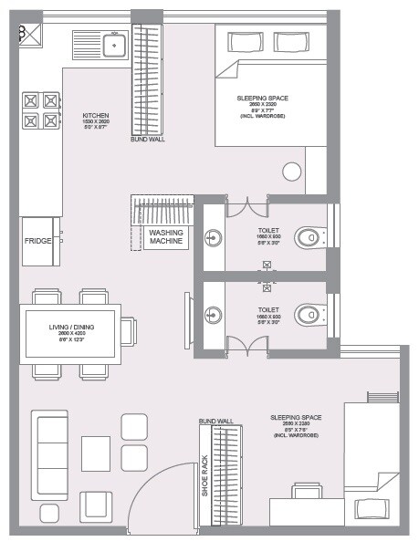 Floor plan of 2 BHK 331 Sq. Ft. Apartment in Hubtown Palmrose, Mumbai