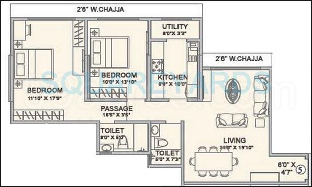Floor plan of 2 BHK 733 Sq. Ft. Apartment in Hubtown Seasons, Mumbai