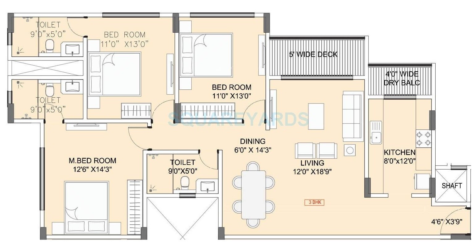 Floor plan of 3 BHK 1349 Sq. Ft. Apartment in Hubtown Seasons, Mumbai