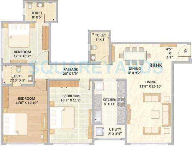 Floor plan of 3 BHK 1300 Sq. Ft. Apartment in Hubtown Seasons, Mumbai