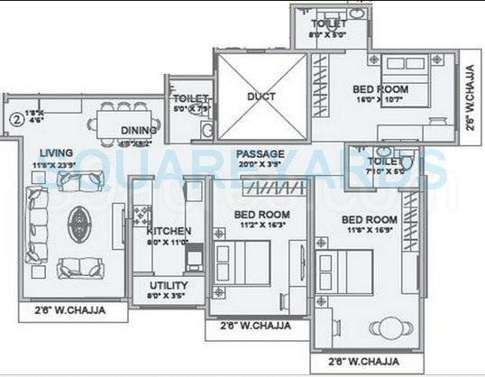 Floor plan of 3 BHK 1137 Sq. Ft. Apartment in Hubtown Seasons, Mumbai