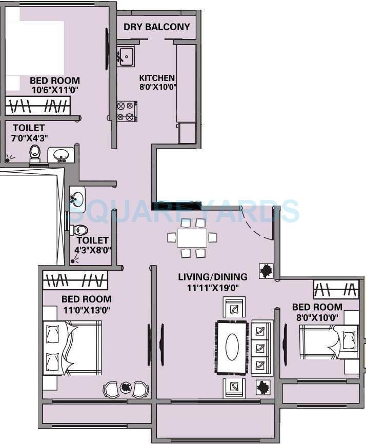 Floor plan of 3 BHK 1405 Sq. Ft. Apartment in Hubtown Shikhar, Mumbai