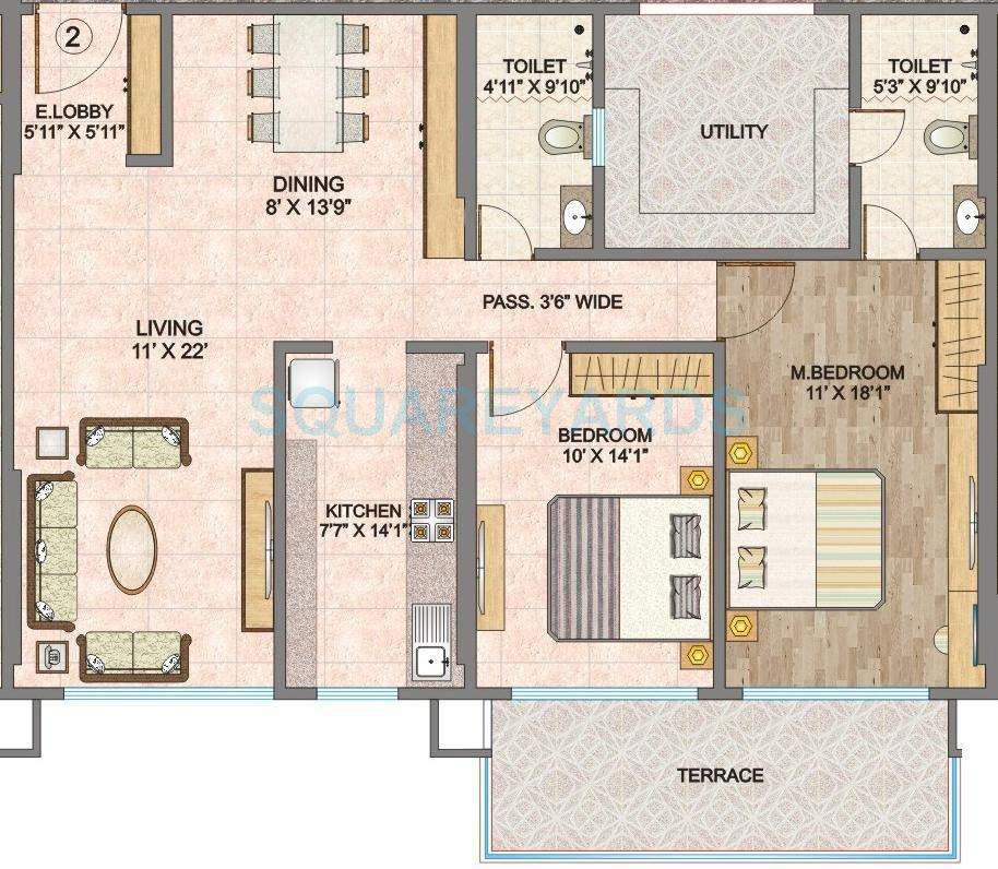 Floor plan of 2 BHK 1400 Sq. Ft. Apartment in Hubtown Sunmist, Mumbai
