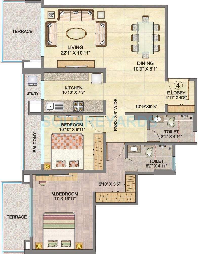 Floor plan of 2 BHK 1950 Sq. Ft. Apartment in Hubtown Sunmist, Mumbai