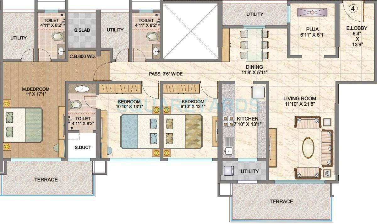 Floor plan of 3 BHK 2100 Sq. Ft. Apartment in Hubtown Sunmist, Mumbai