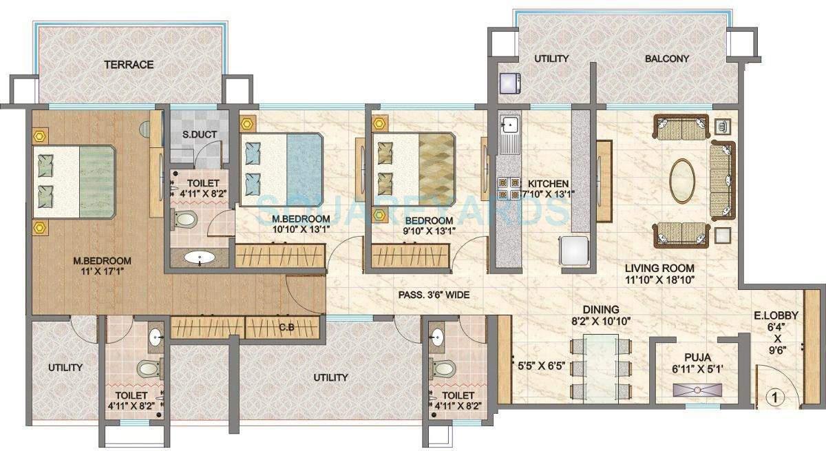 Floor plan of 3 BHK 2325 Sq. Ft. Apartment in Hubtown Sunmist, Mumbai