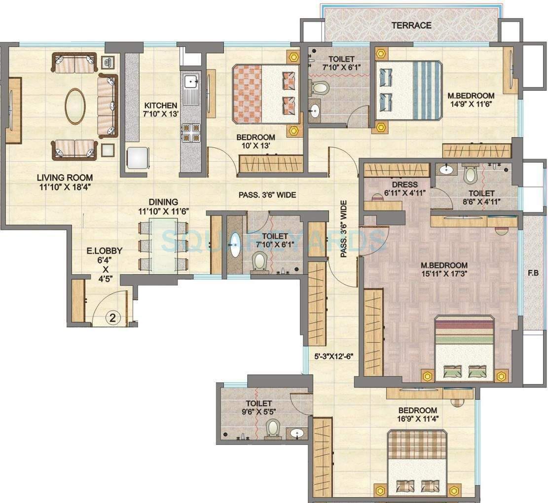 Floor plan of 4 BHK 2450 Sq. Ft. Apartment in Hubtown Sunmist, Mumbai