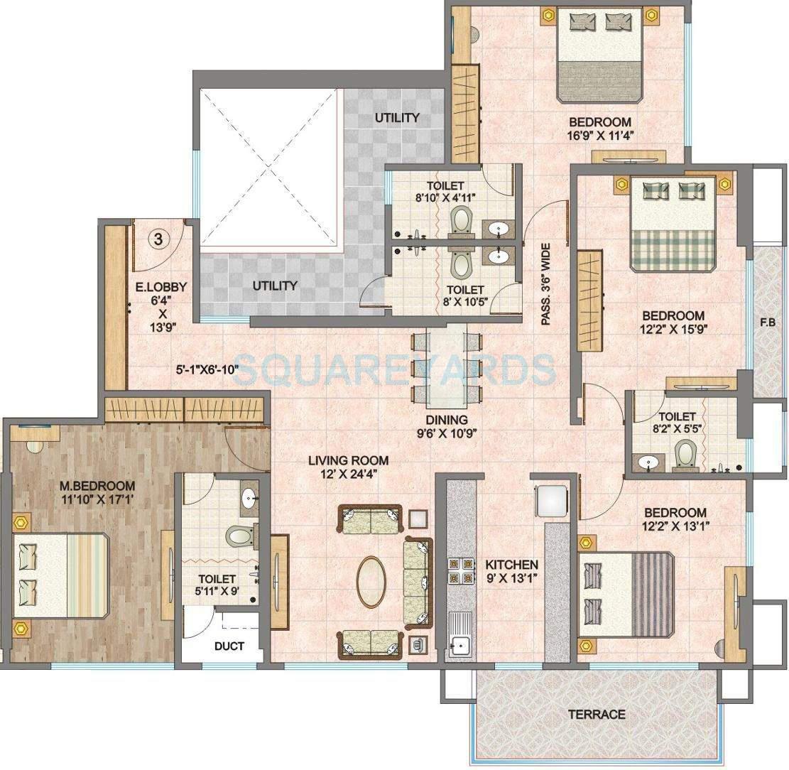 Floor plan of 4 BHK 2780 Sq. Ft. Apartment in Hubtown Sunmist, Mumbai