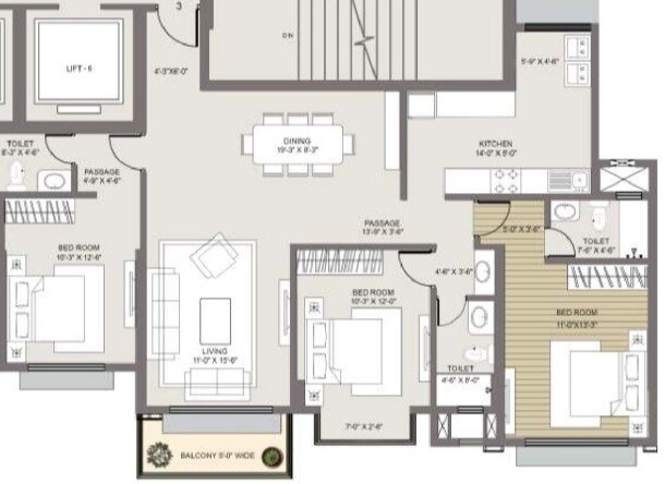 Floor plan of 3 BHK 1021 Sq. Ft. Apartment in Hubtown The Premiere, Mumbai