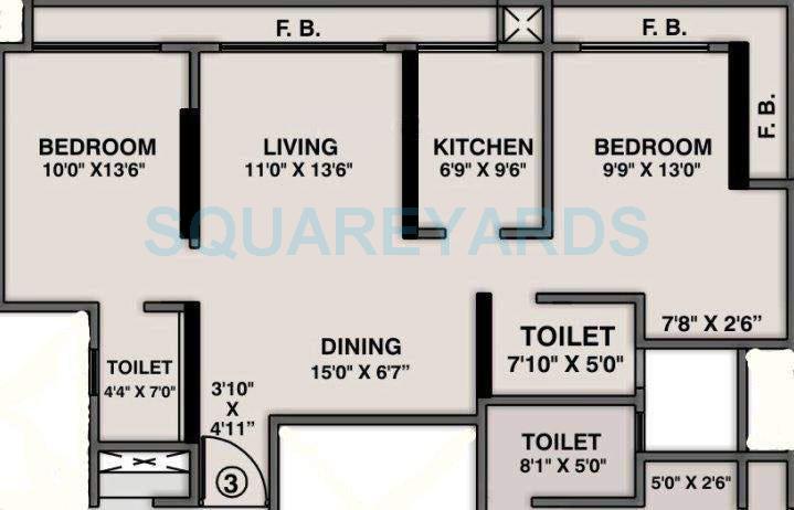 Floor plan of 2 BHK 735 Sq. Ft. Apartment in Hubtown Vedant, Mumbai