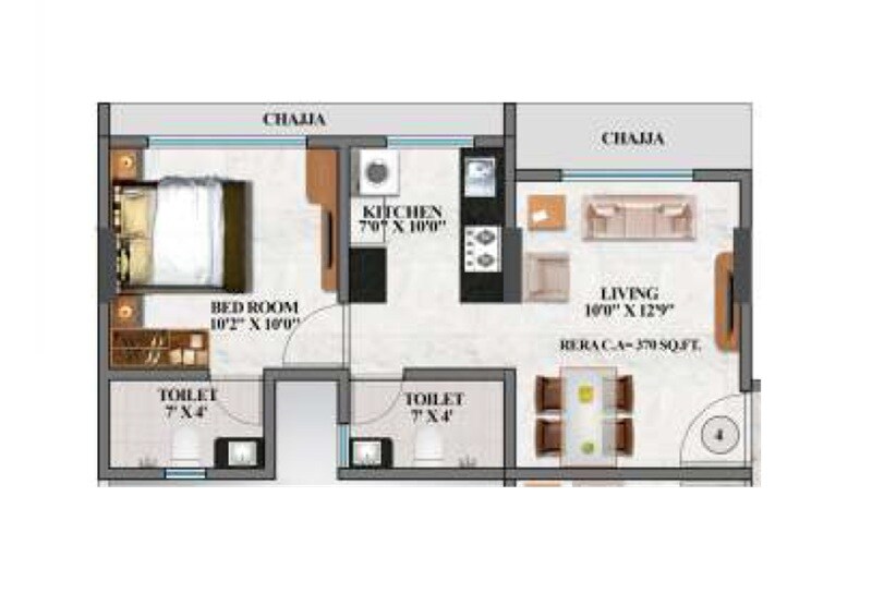 Floor plan of 1 BHK 370 Sq. Ft. Apartment in Hum Durga, Mumbai