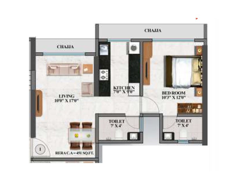 Floor plan of 1 BHK 451 Sq. Ft. Apartment in Hum Durga, Mumbai