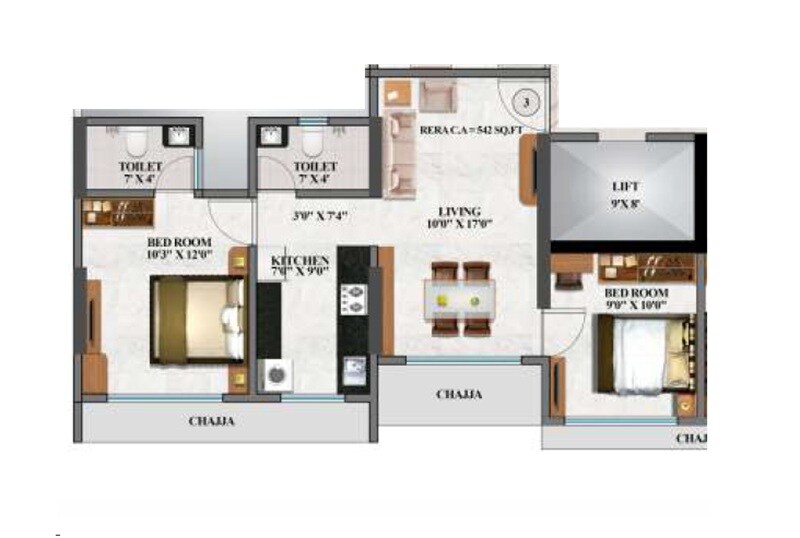 Floor plan of 2 BHK 543 Sq. Ft. Apartment in Hum Durga, Mumbai