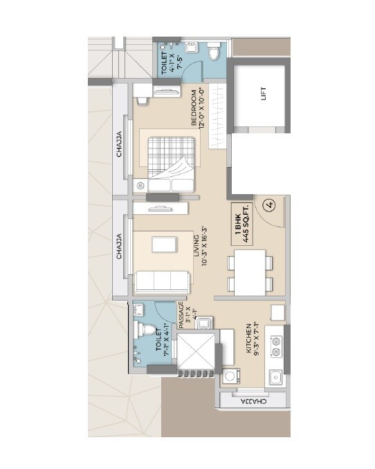 1 BHK 445 Sq. Ft. Apartment