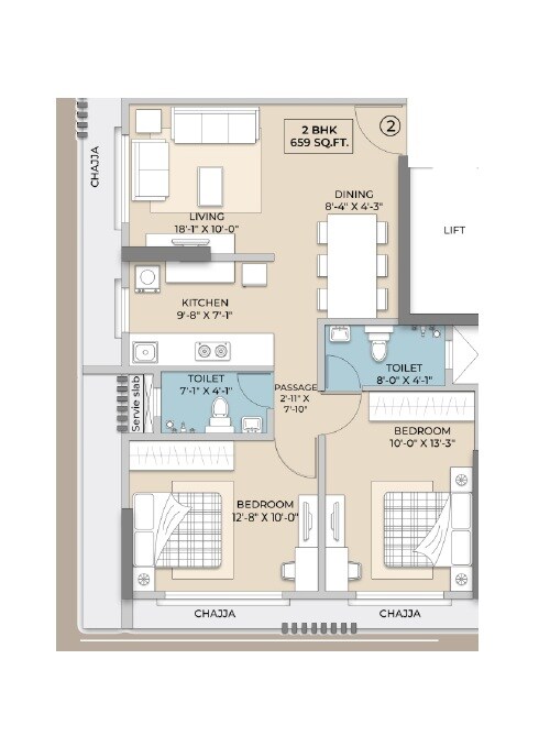 Floor plan of 2 BHK 659 Sq. Ft. Apartment in Hum Emerald Heights, Mumbai