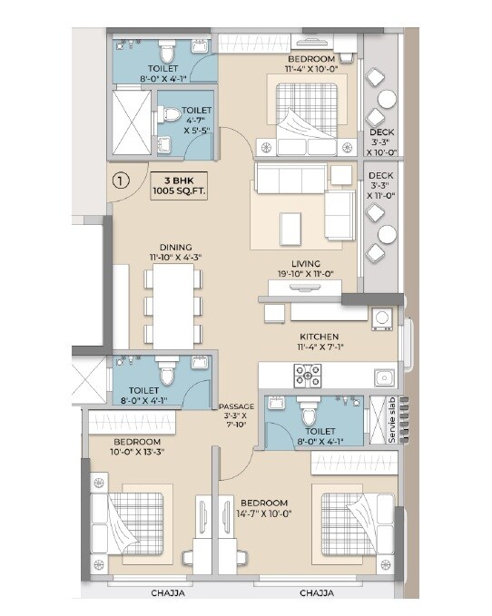 Floor plan of 3 BHK 1005 Sq. Ft. Apartment in Hum Emerald Heights, Mumbai