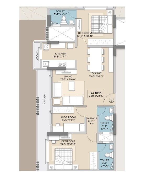 Floor plan of 3 BHK 748 Sq. Ft. Apartment in Hum Emerald Heights, Mumbai