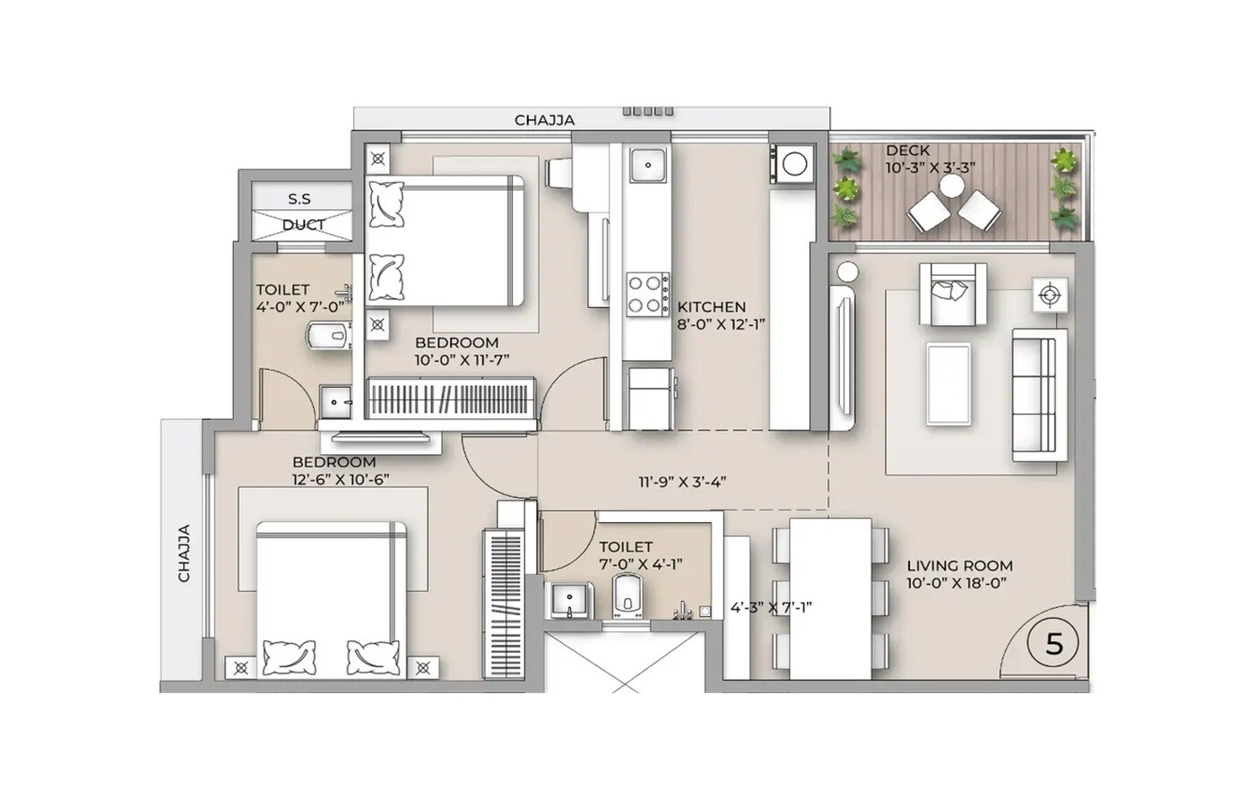Floor plan of 2 BHK 649 Sq. Ft. Apartment in Hum Sapphire, Mumbai