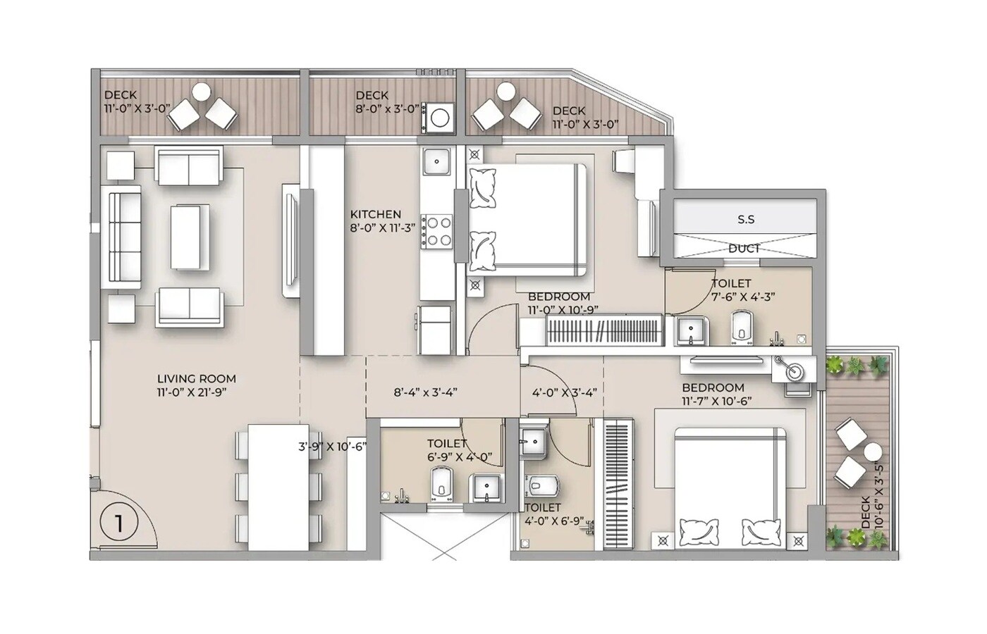 3 BHK 977 Sq. Ft. Apartment