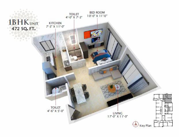 Floor plan of 1 BHK 472 Sq. Ft. Apartment in Hum Solaris, Mumbai